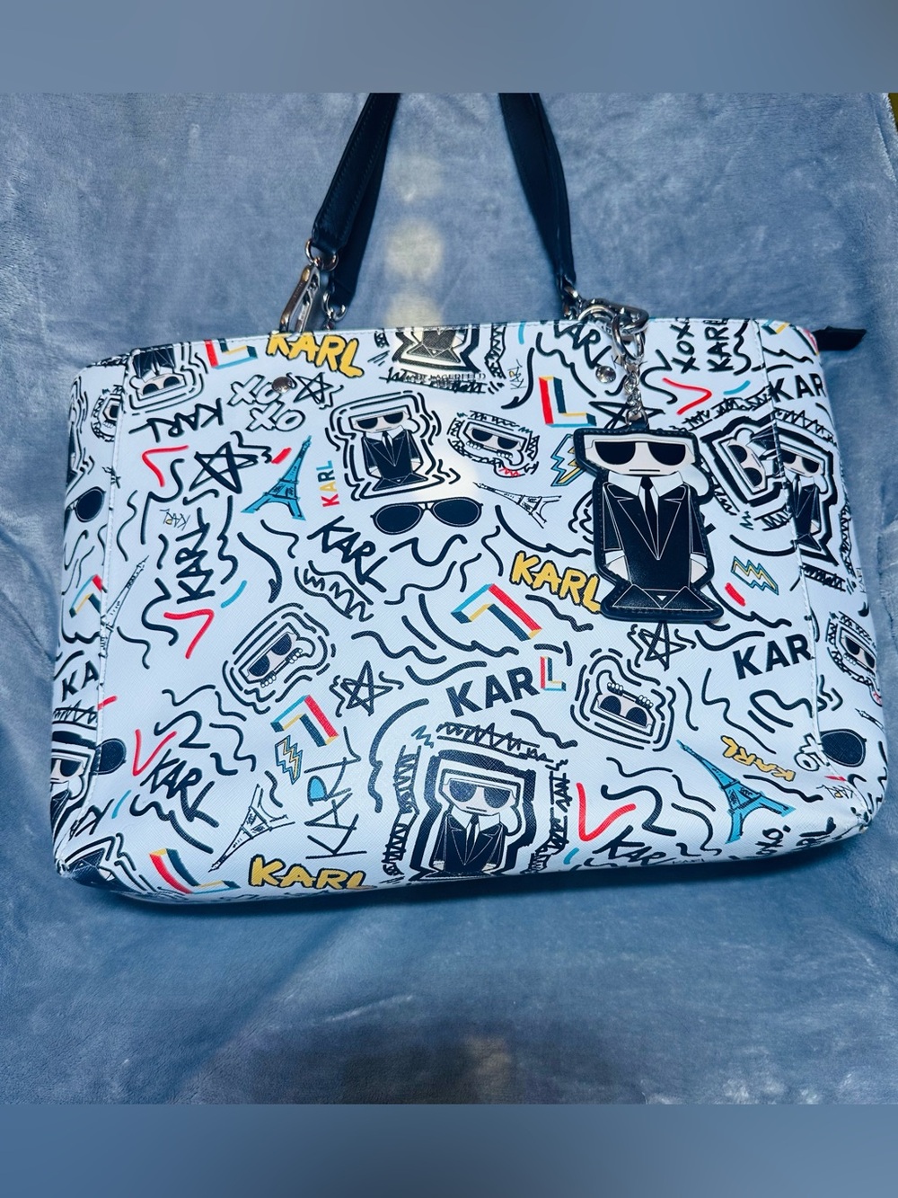 Karl Lagerfeld White Graphic Tote with Black Handles and Multicolor Accents